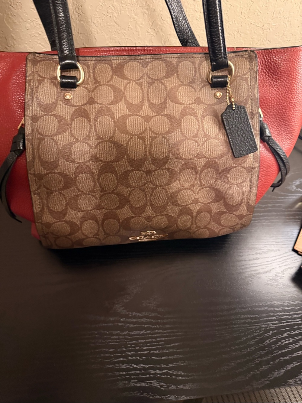 Coach Brown Signature Canvas Tote with Rust Panels and two front zip pockets